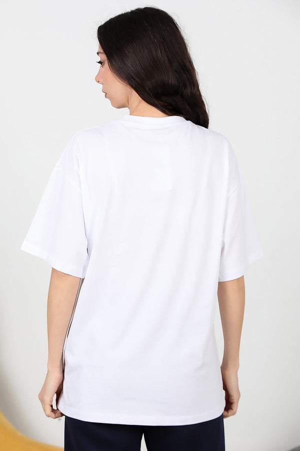 Kadın Bisiklet Yaka Oversize İki İplik Tshirt  Ekru