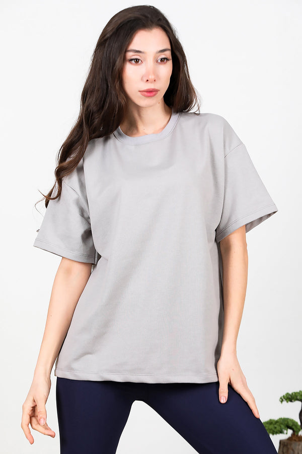 Kadın Bisiklet Yaka Oversize İki İplik Tshirt  Gri