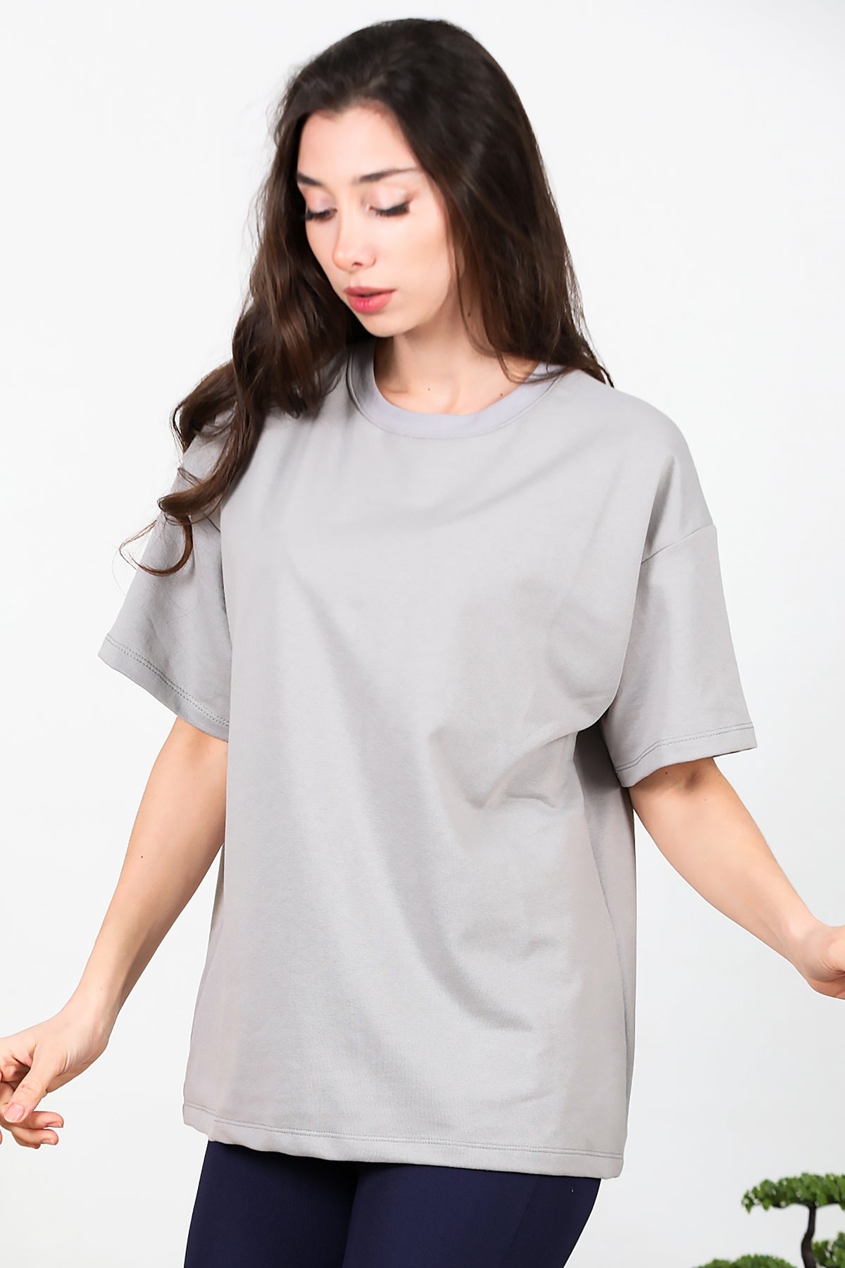 Kadın Bisiklet Yaka Oversize İki İplik Tshirt  Gri