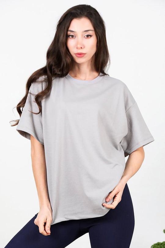 Kadın Bisiklet Yaka Oversize İki İplik Tshirt  Gri