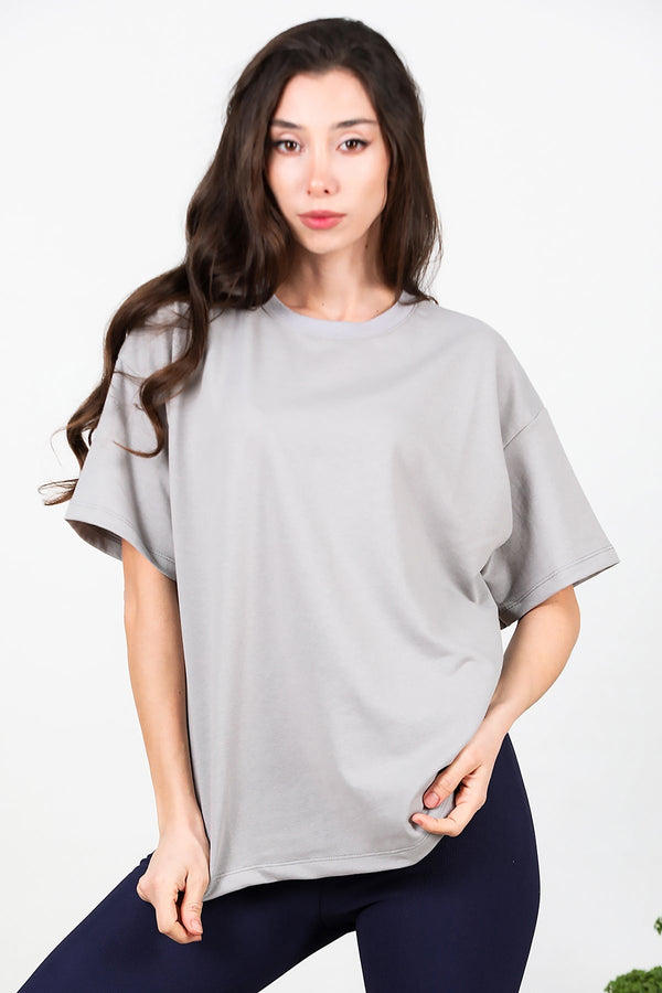 Kadın Bisiklet Yaka Oversize İki İplik Tshirt  Gri