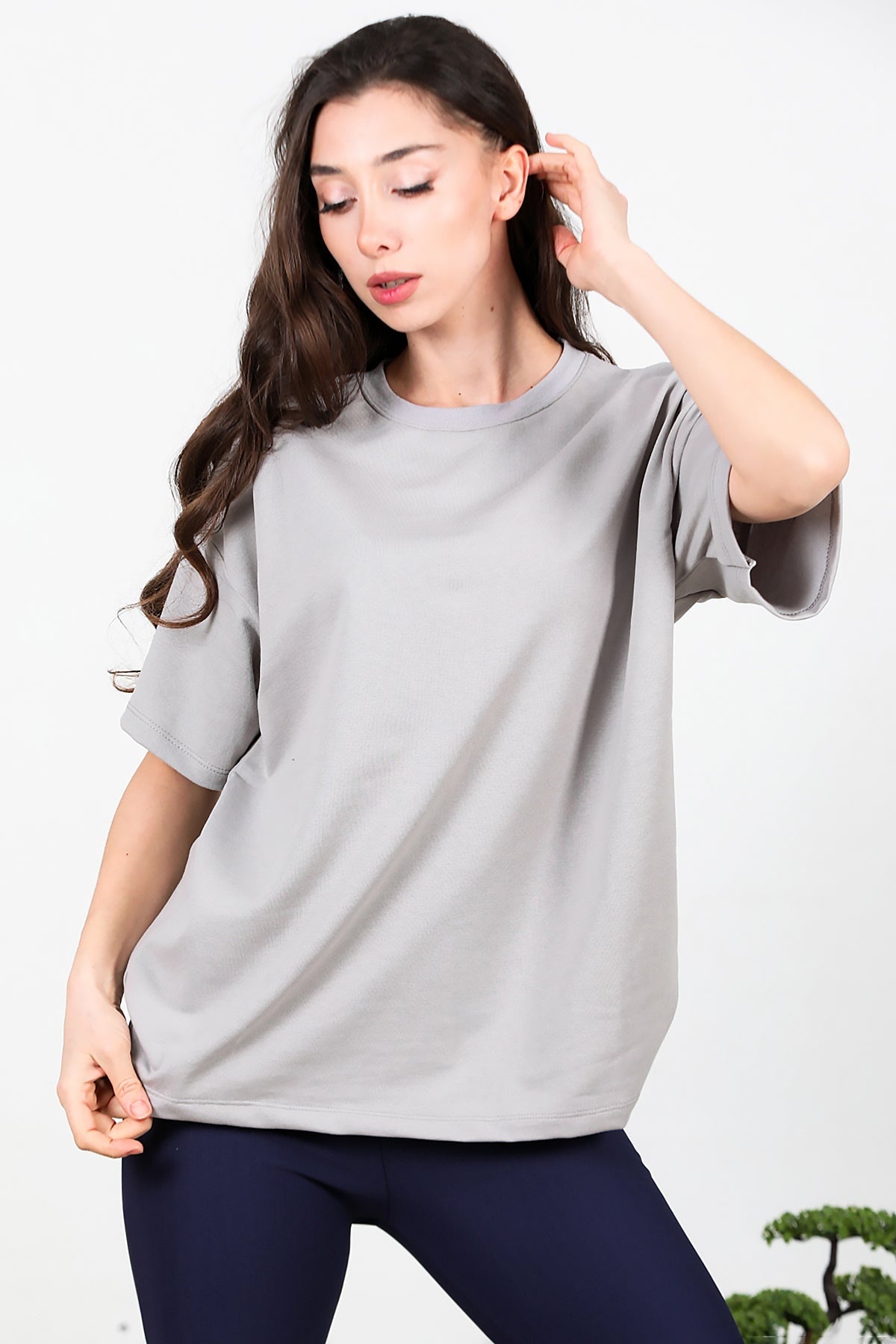 Kadın Bisiklet Yaka Oversize İki İplik Tshirt  Gri