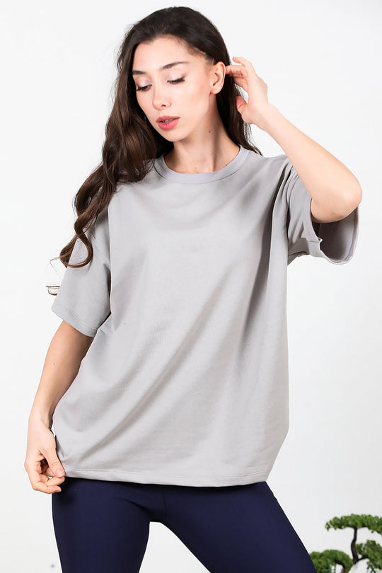 Kadın Bisiklet Yaka Oversize İki İplik Tshirt  Gri