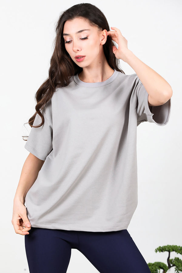 Kadın Bisiklet Yaka Oversize İki İplik Tshirt  Gri