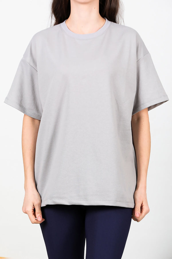 Kadın Bisiklet Yaka Oversize İki İplik Tshirt  Gri