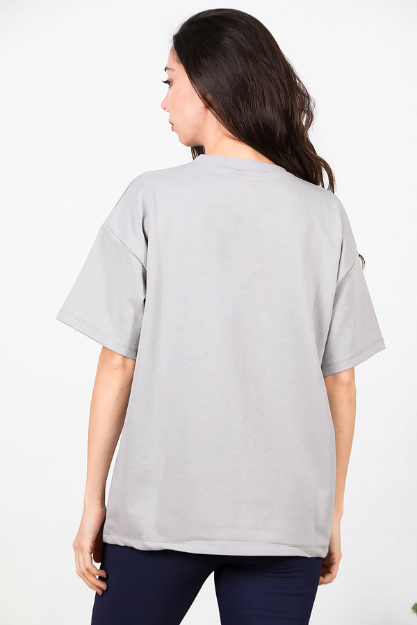 Kadın Bisiklet Yaka Oversize İki İplik Tshirt  Gri