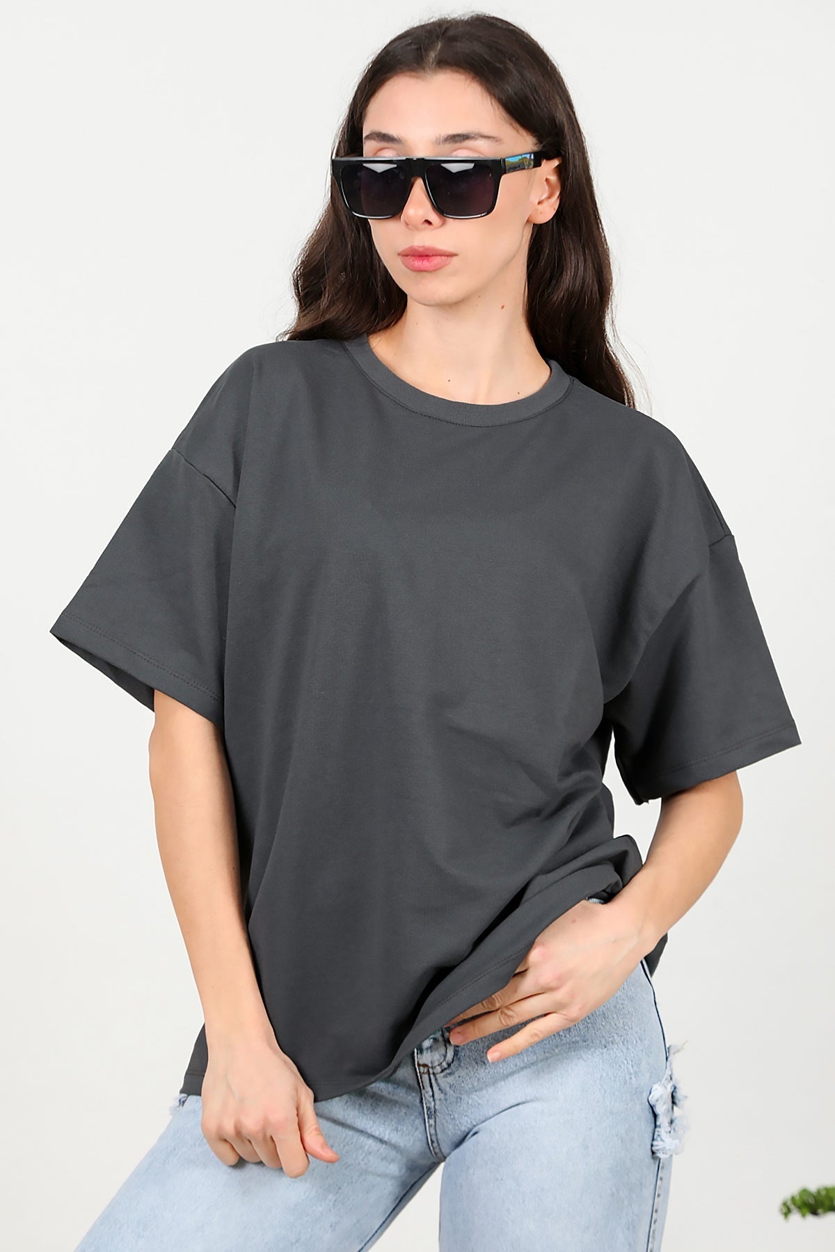 Kadın Bisiklet Yaka Oversize İki İplik Tshirt  Füme