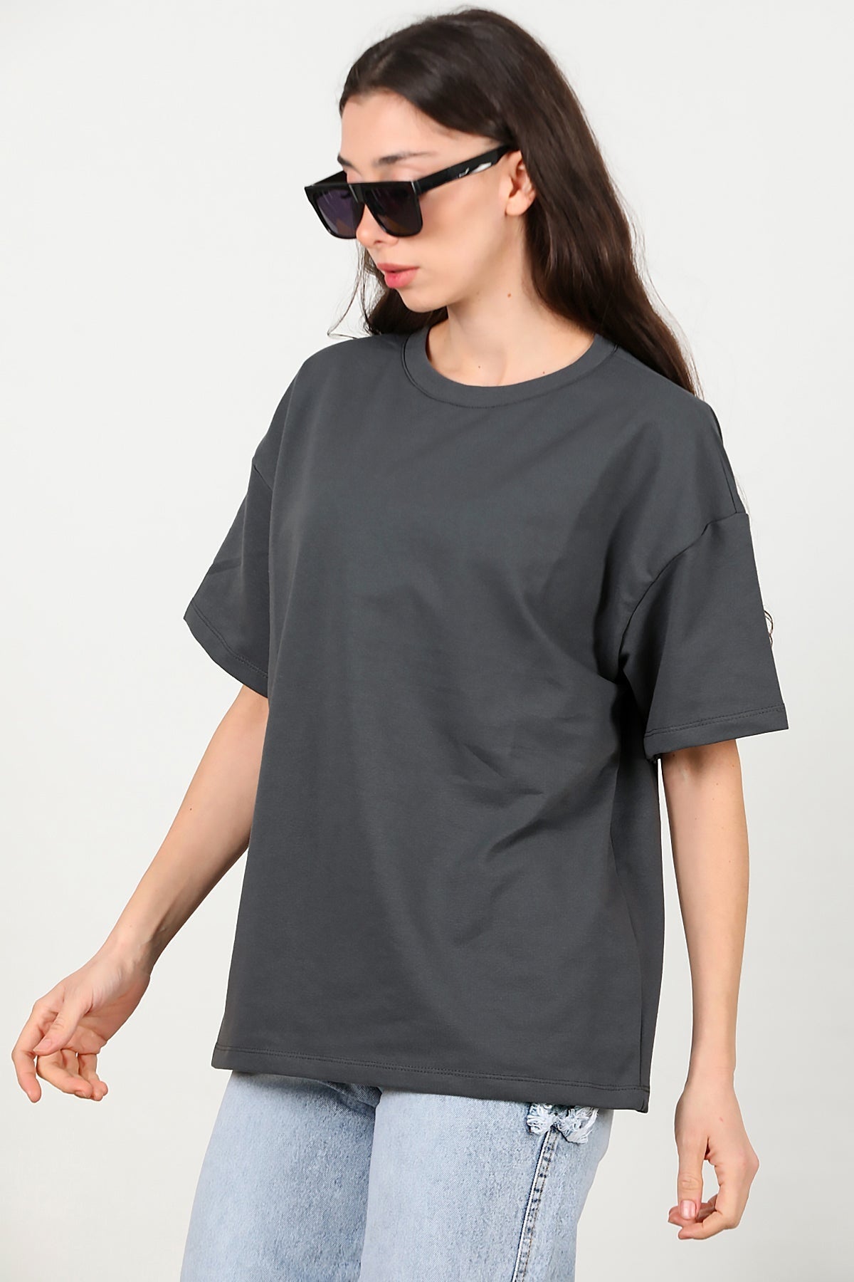 Kadın Bisiklet Yaka Oversize İki İplik Tshirt  Füme