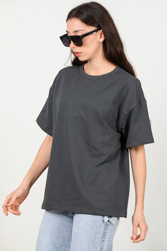 Kadın Bisiklet Yaka Oversize İki İplik Tshirt  Füme