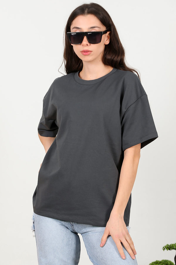 Kadın Bisiklet Yaka Oversize İki İplik Tshirt  Füme