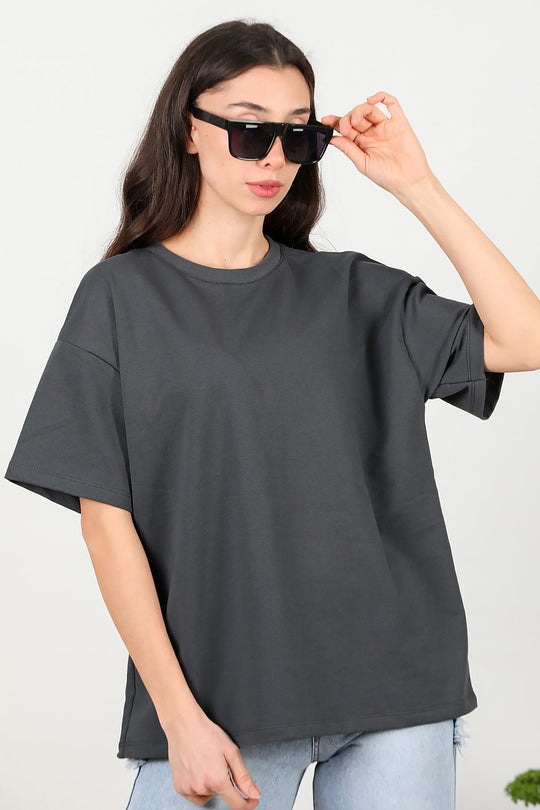 Kadın Bisiklet Yaka Oversize İki İplik Tshirt  Füme