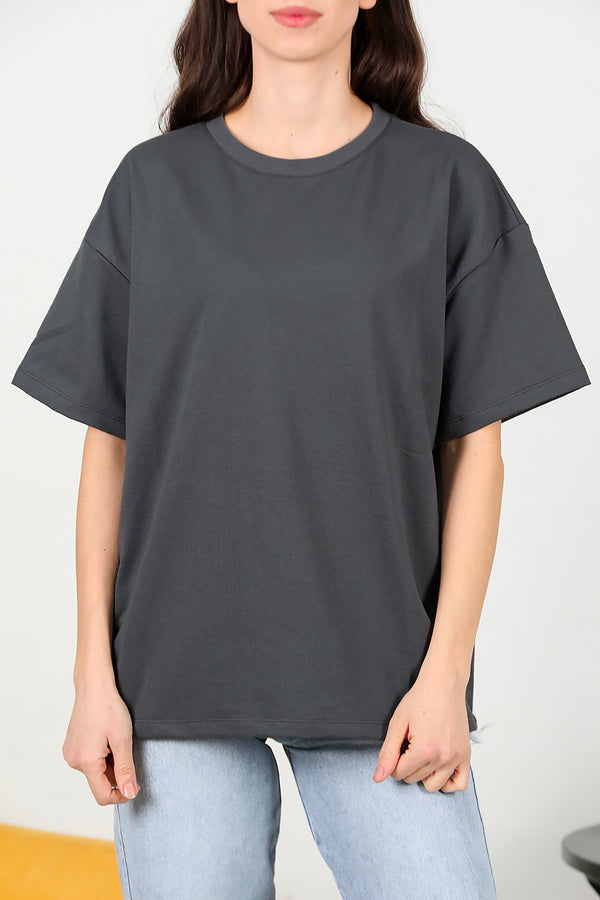 Kadın Bisiklet Yaka Oversize İki İplik Tshirt  Füme