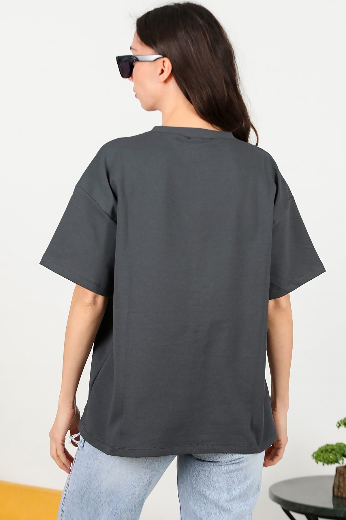 Kadın Bisiklet Yaka Oversize İki İplik Tshirt  Füme