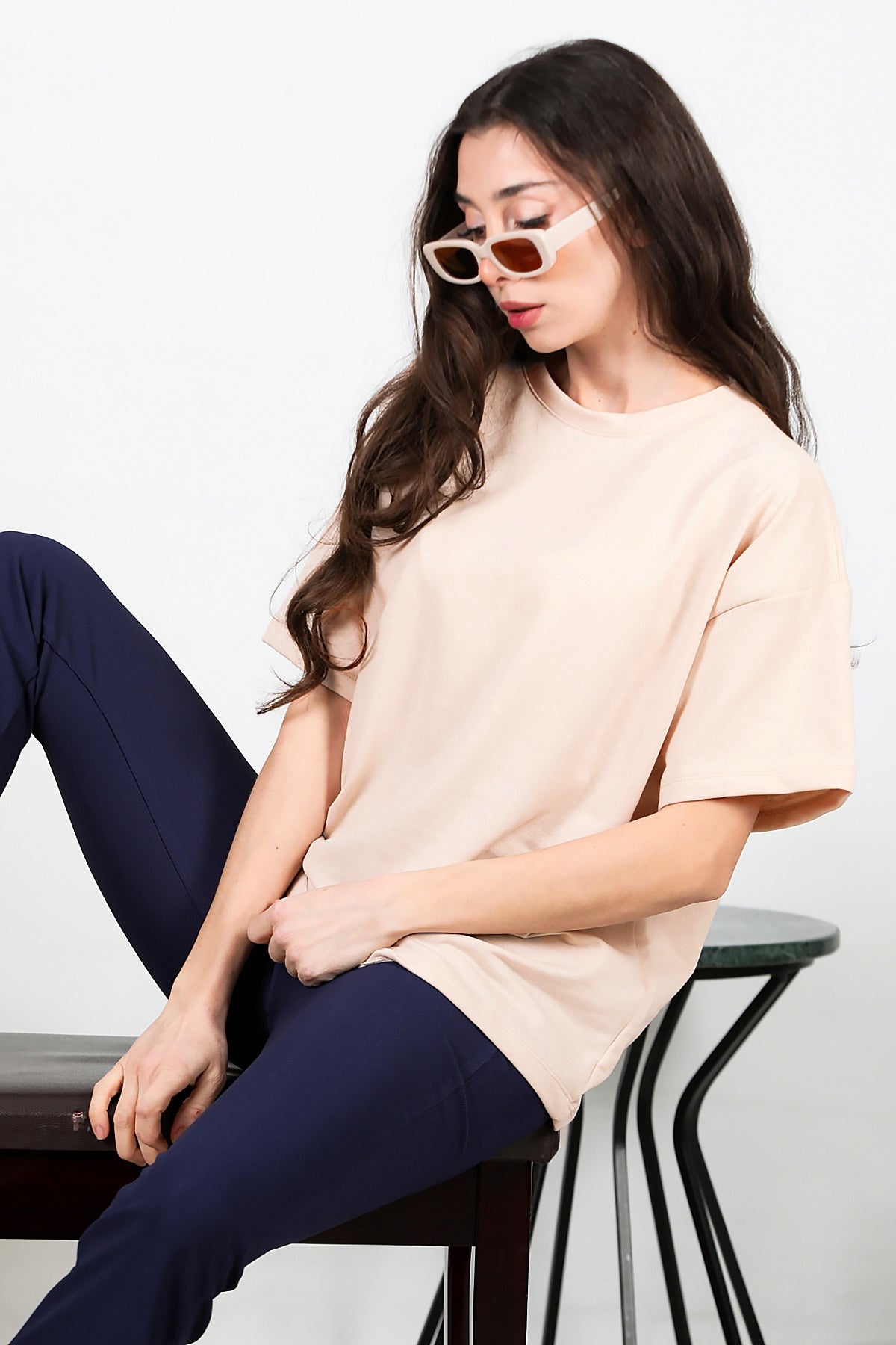 Kadın Bisiklet Yaka Oversize İki İplik Tshirt  Bej
