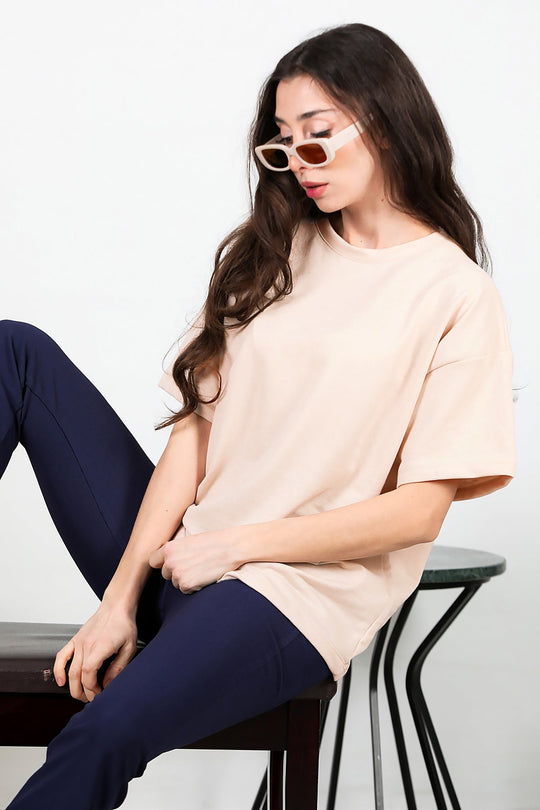 Kadın Bisiklet Yaka Oversize İki İplik Tshirt  Bej