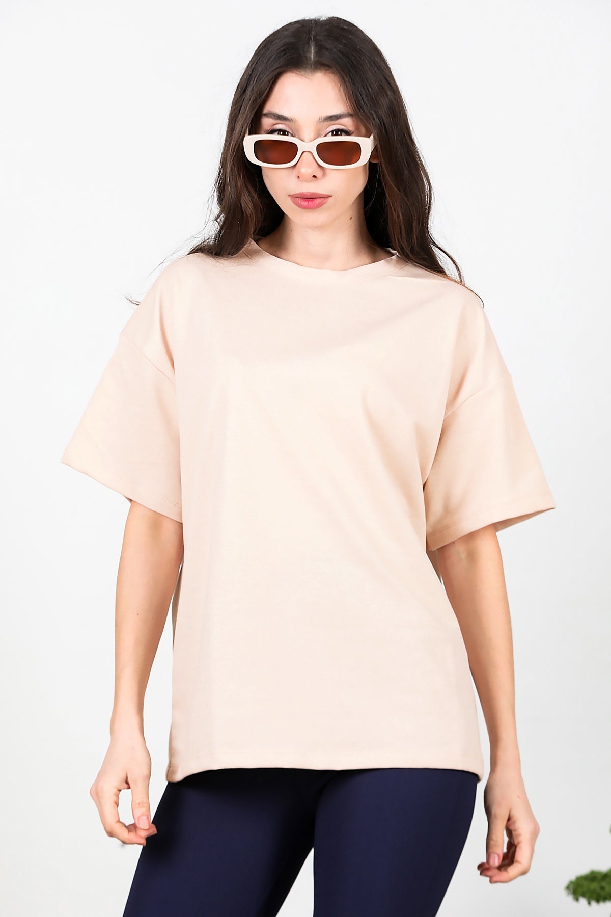 Kadın Bisiklet Yaka Oversize İki İplik Tshirt  Bej