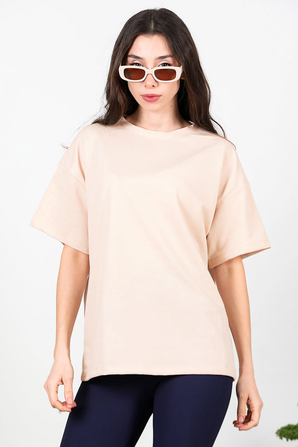 Kadın Bisiklet Yaka Oversize İki İplik Tshirt  Bej