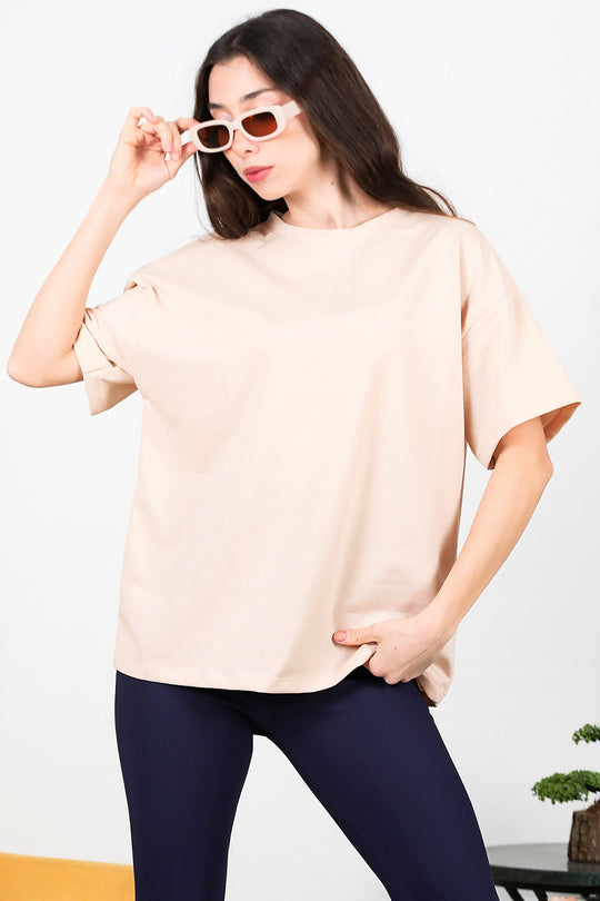 Kadın Bisiklet Yaka Oversize İki İplik Tshirt  Bej