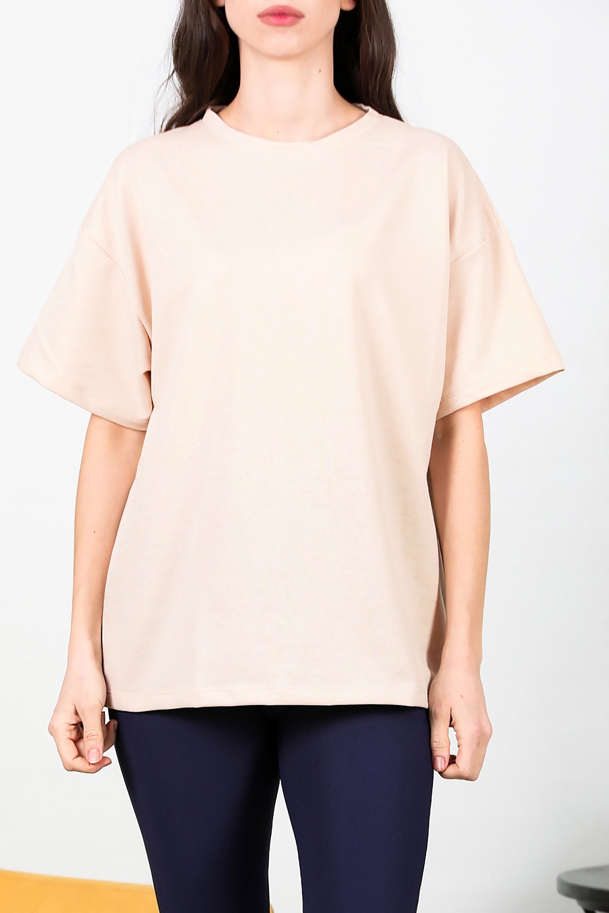 Kadın Bisiklet Yaka Oversize İki İplik Tshirt  Bej