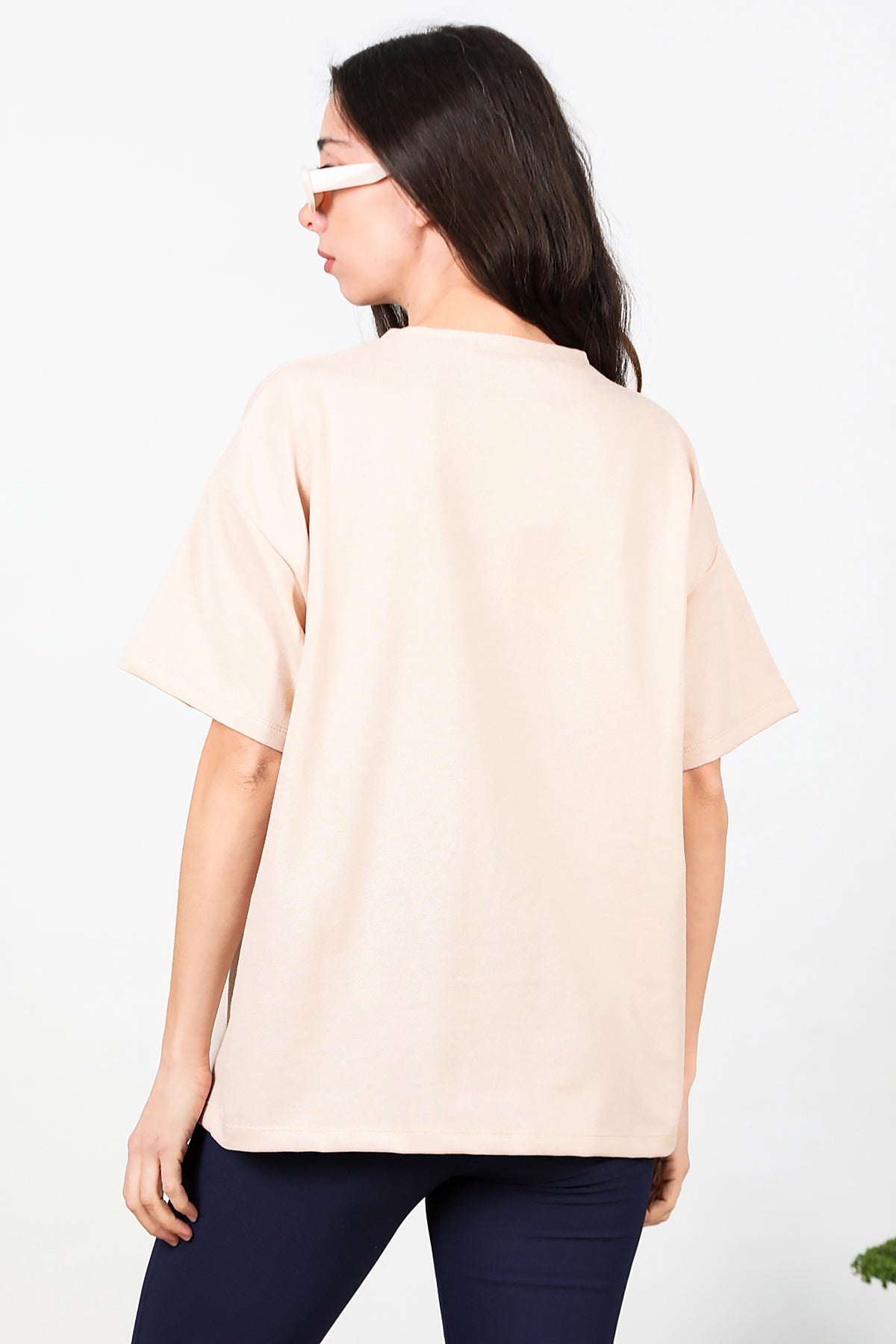 Kadın Bisiklet Yaka Oversize İki İplik Tshirt  Bej