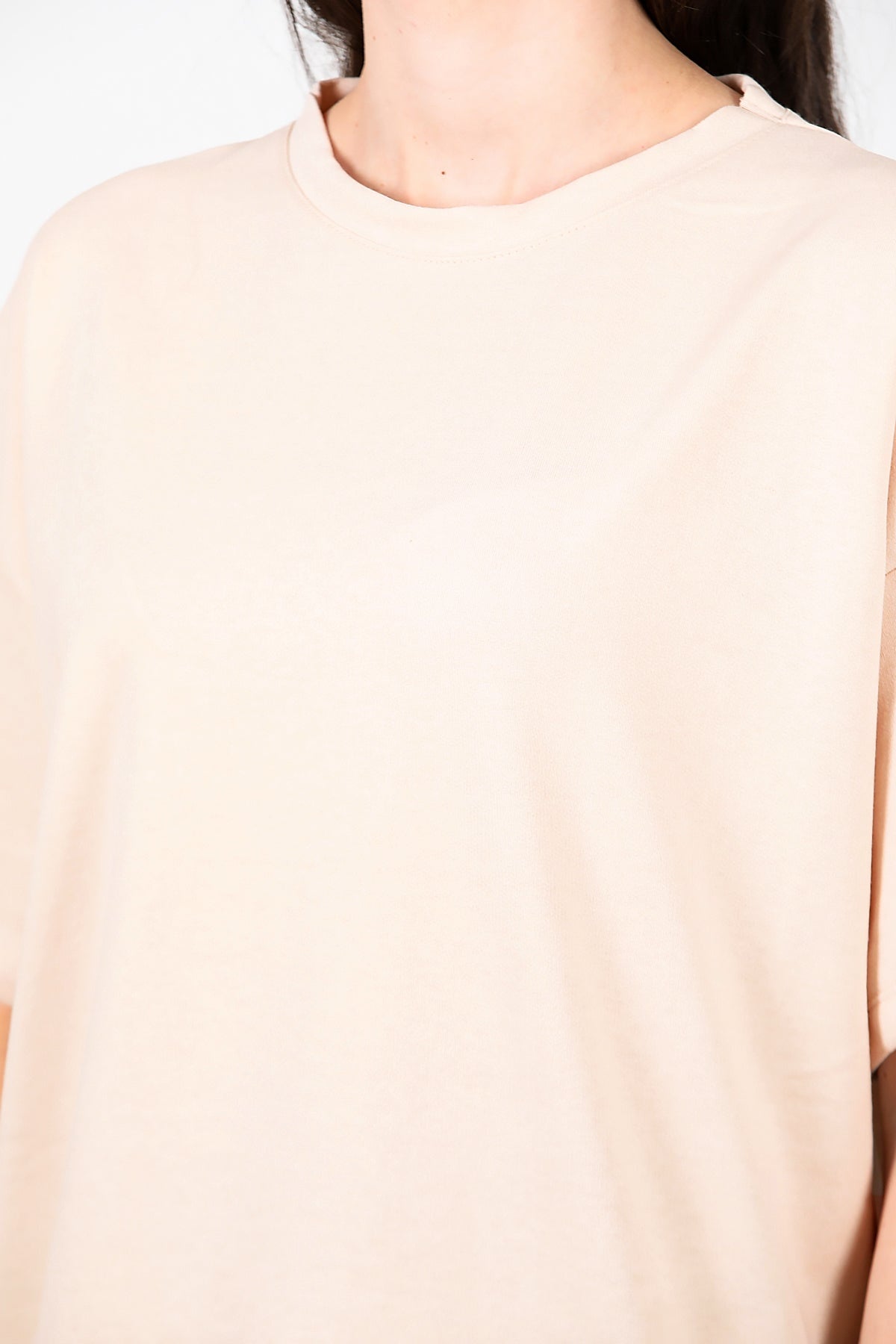 Kadın Bisiklet Yaka Oversize İki İplik Tshirt  Bej