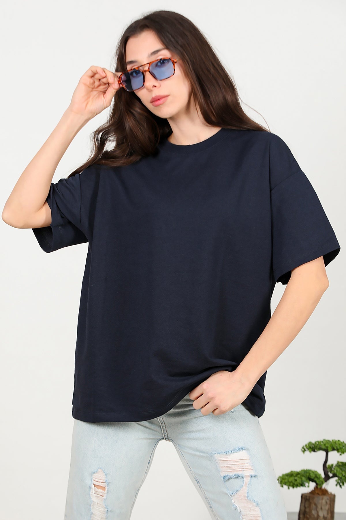 Kadın Bisiklet Yaka Oversize İki İplik Tshirt  Lacivert