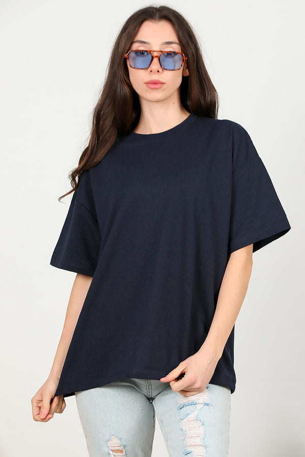 Kadın Bisiklet Yaka Oversize İki İplik Tshirt  Lacivert