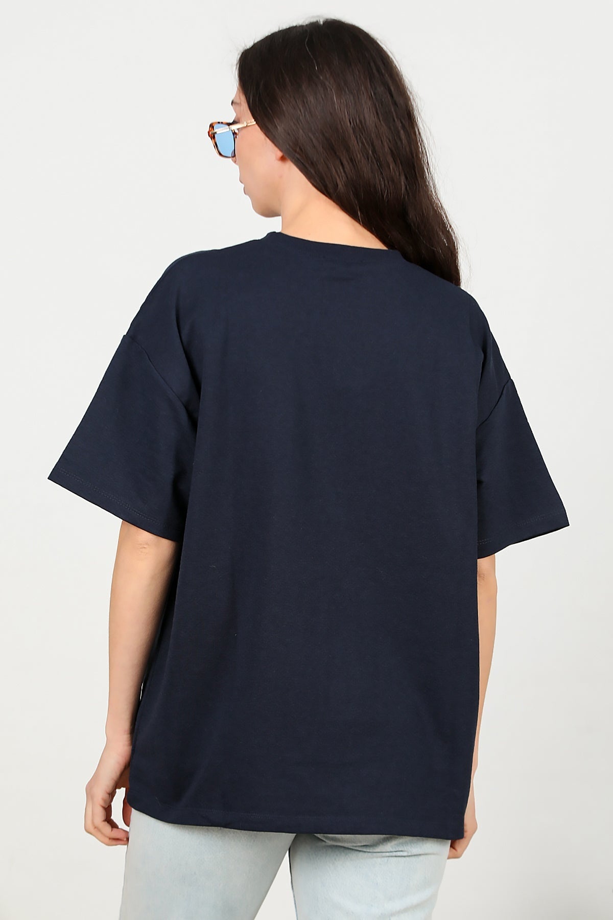 Kadın Bisiklet Yaka Oversize İki İplik Tshirt  Lacivert