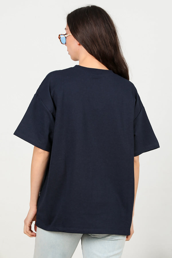 Kadın Bisiklet Yaka Oversize İki İplik Tshirt  Lacivert