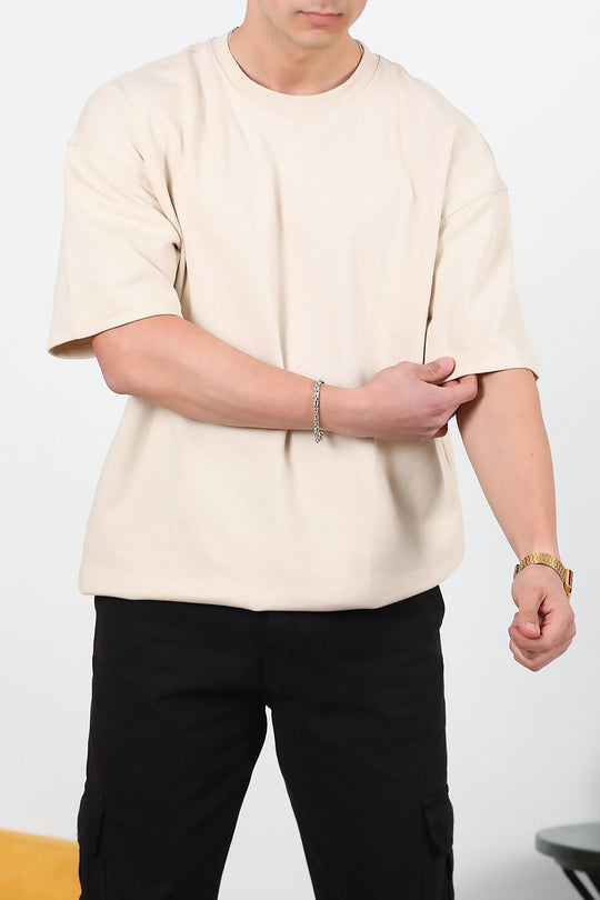 Erkek Bisiklet Yaka Oversize T-Shirt  Taş