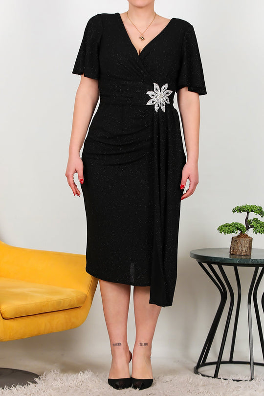 Büyük Beden Beli Çicek Taşlı Midi Boy Abiye  Siyah