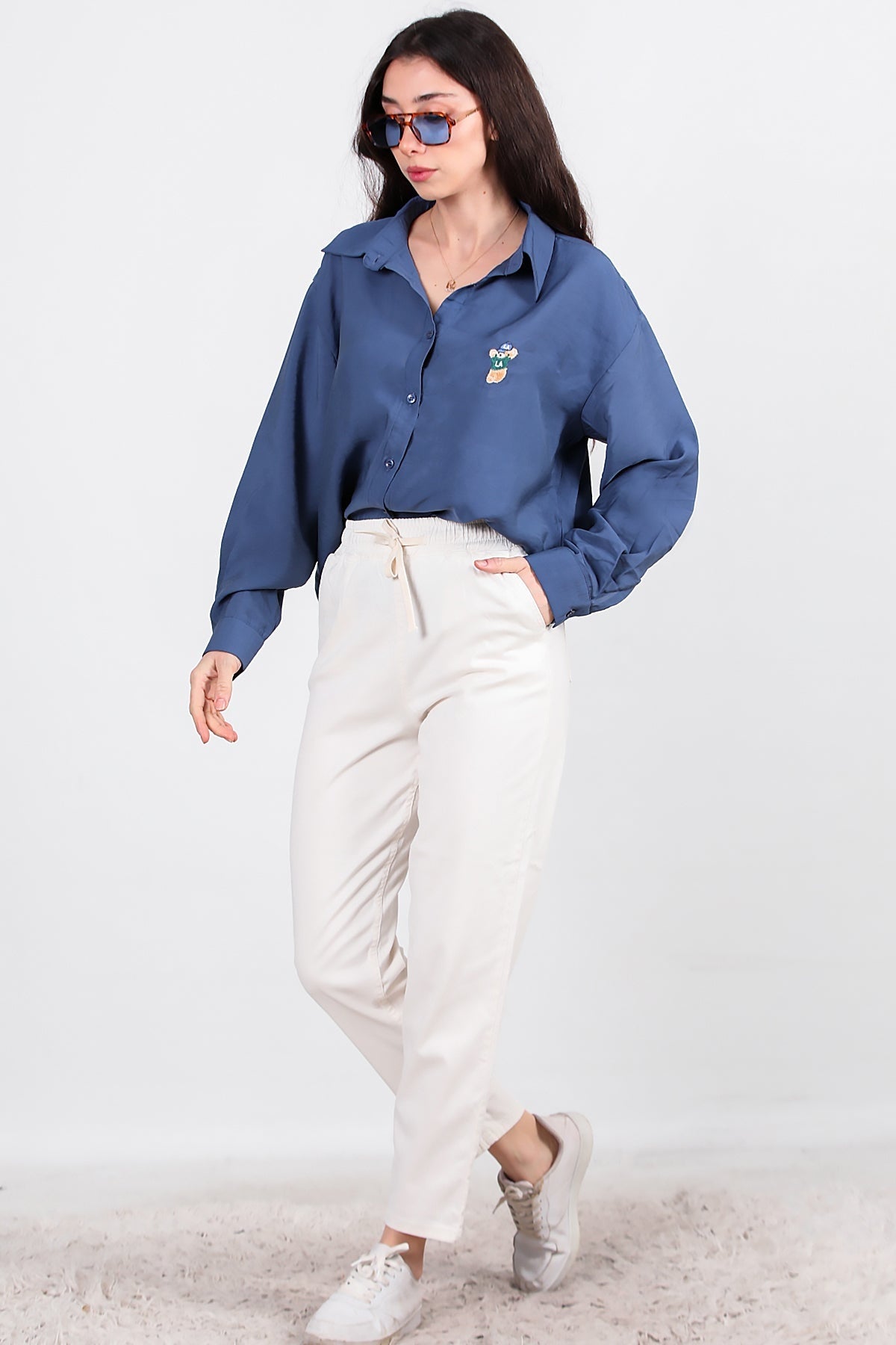 Kadın Bel Lastikli Esnek Kumaş Pantolon  Ekru