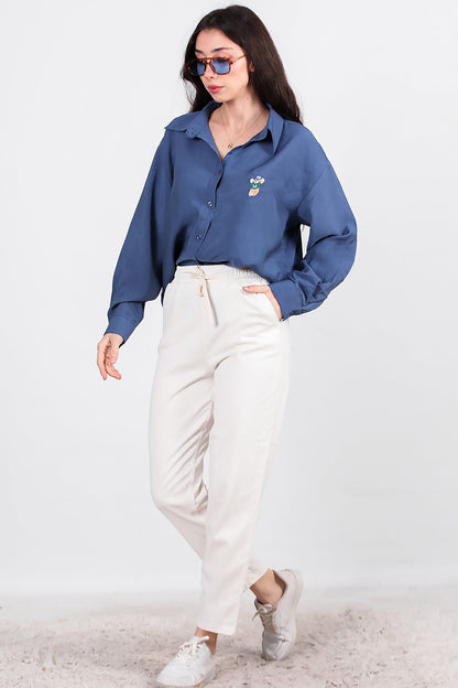 Kadın Bel Lastikli Esnek Kumaş Pantolon  Ekru