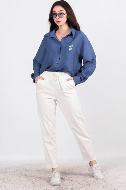 Kadın Bel Lastikli Esnek Kumaş Pantolon  Ekru