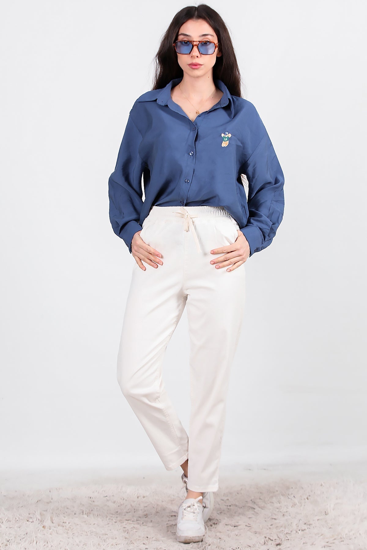 Kadın Bel Lastikli Esnek Kumaş Pantolon  Ekru