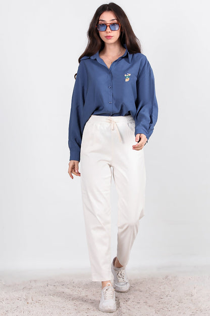 Kadın Bel Lastikli Esnek Kumaş Pantolon  Ekru