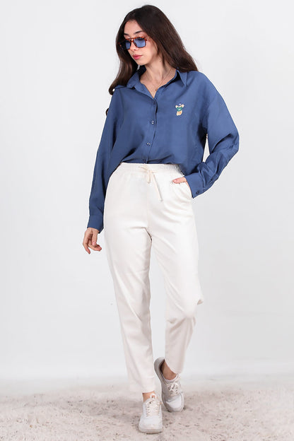 Kadın Bel Lastikli Esnek Kumaş Pantolon  Ekru