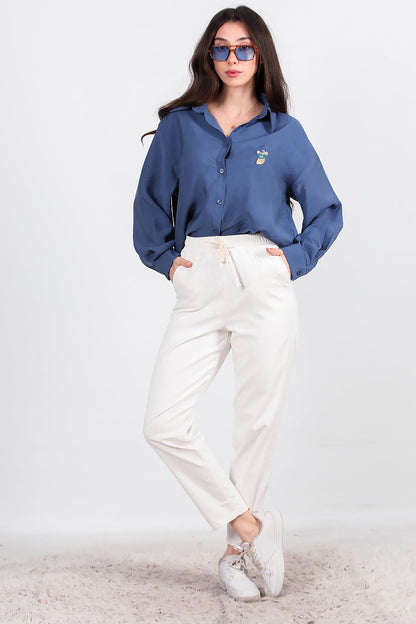 Kadın Bel Lastikli Esnek Kumaş Pantolon  Ekru