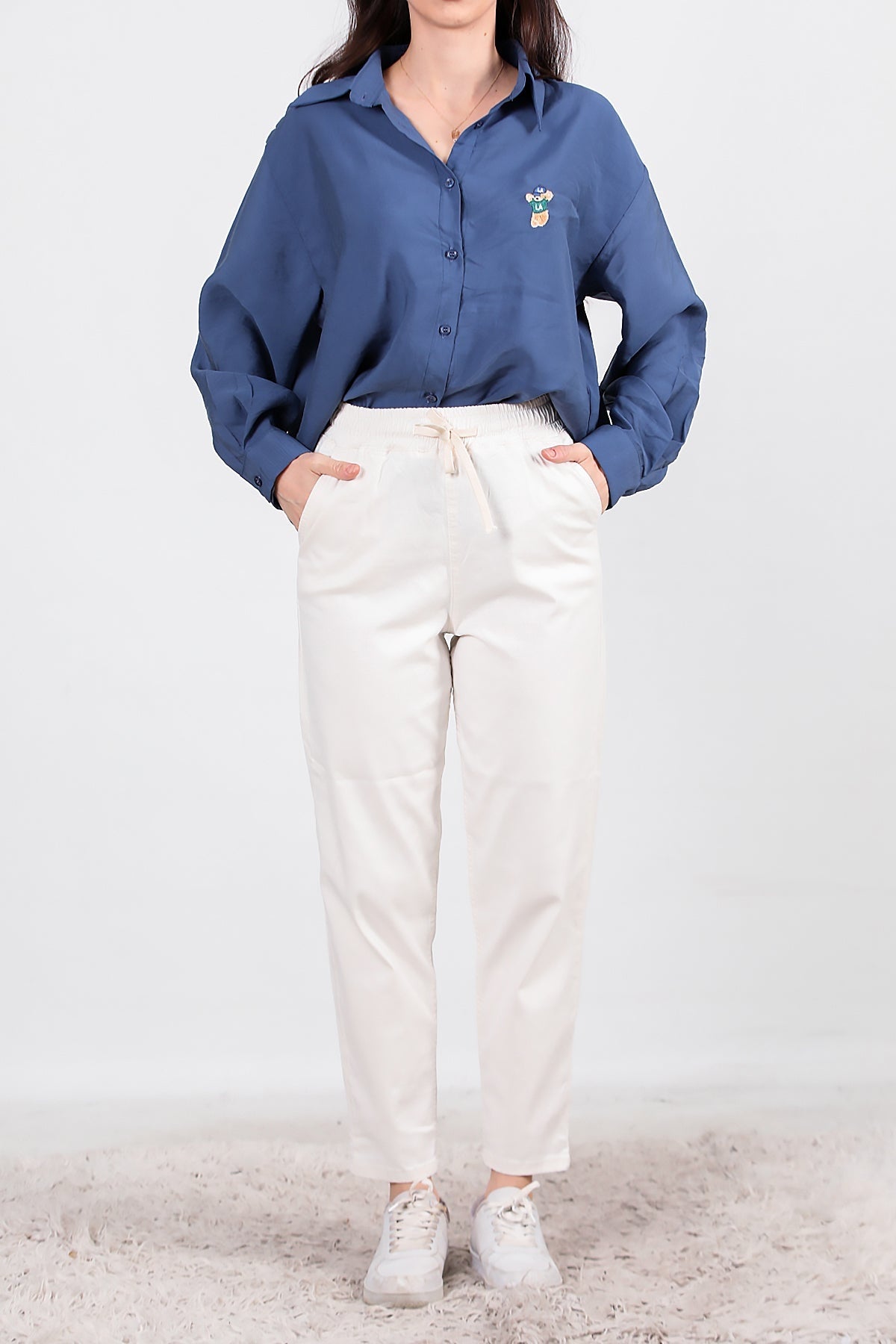 Kadın Bel Lastikli Esnek Kumaş Pantolon  Ekru