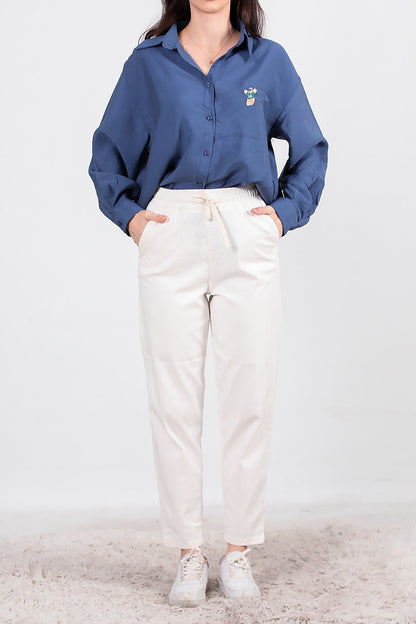 Kadın Bel Lastikli Esnek Kumaş Pantolon  Ekru