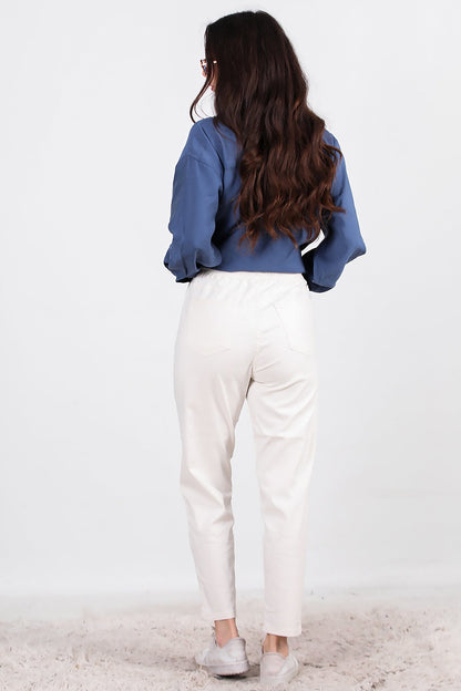 Kadın Bel Lastikli Esnek Kumaş Pantolon  Ekru