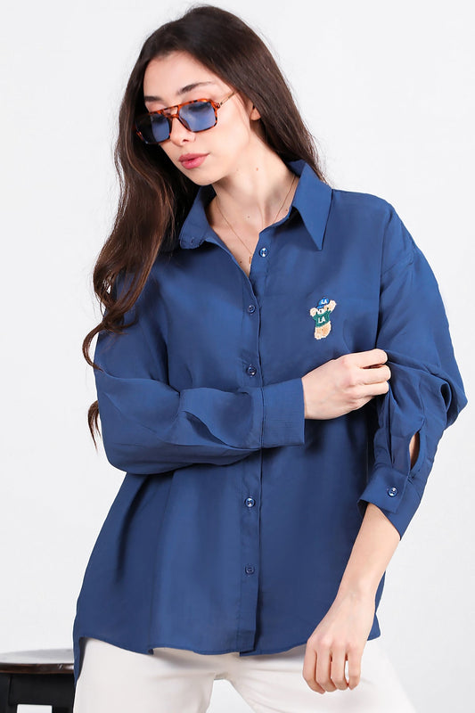 Kadın Ayıcık İşlemeli Gömlek  İndigo