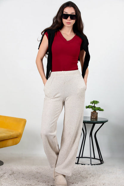 Kadın Bol Paça Waffle Eşofman  Krem