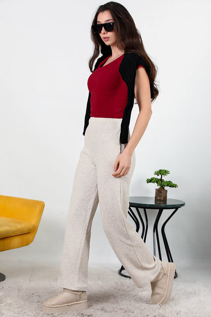 Kadın Bol Paça Waffle Eşofman  Krem