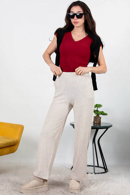 Kadın Bol Paça Waffle Eşofman  Krem