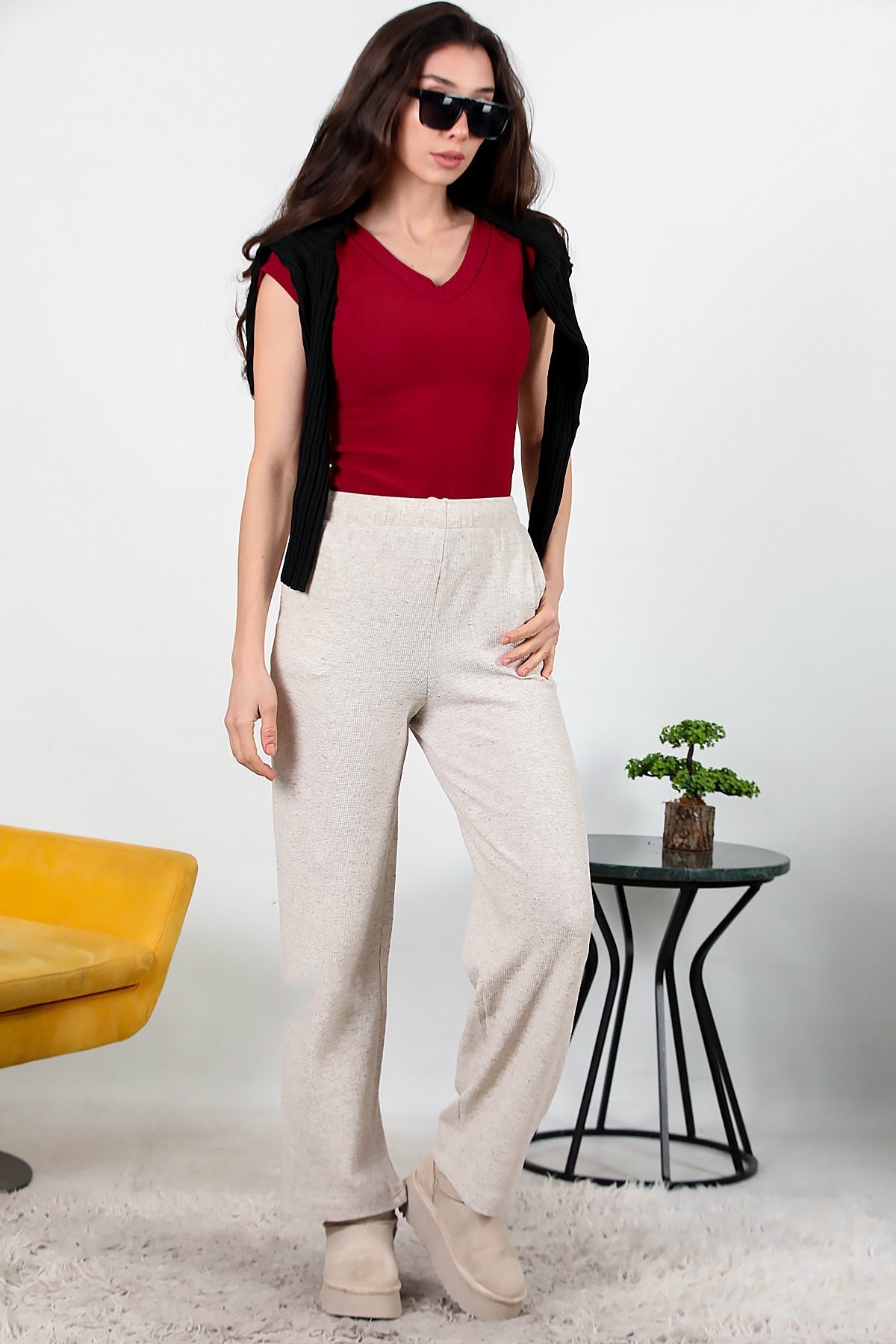 Kadın Bol Paça Waffle Eşofman  Krem