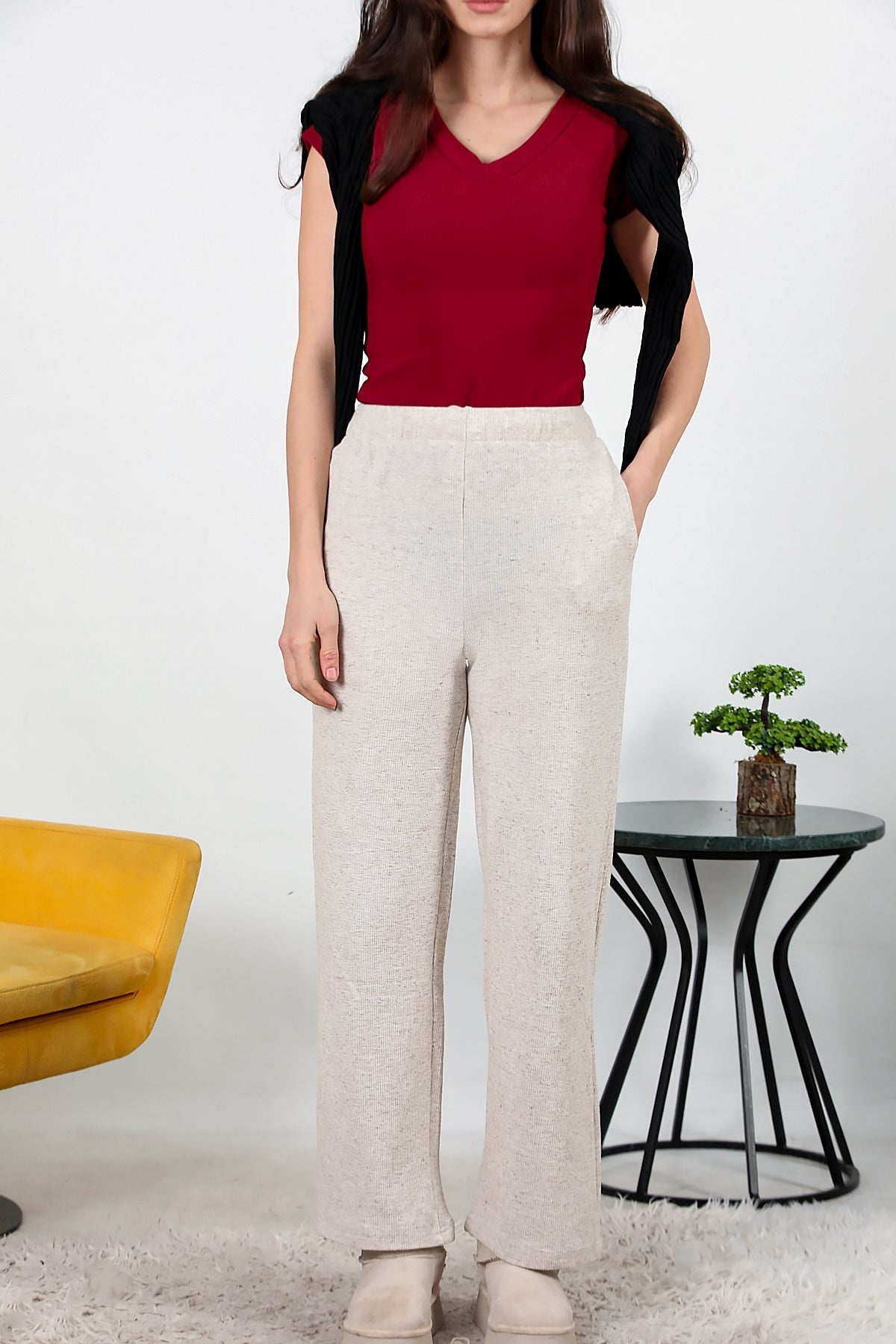 Kadın Bol Paça Waffle Eşofman  Krem