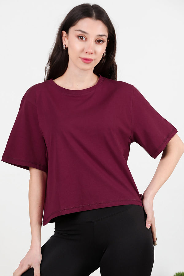 Kadın Bisiklet Yaka T-Shirt  Bordo