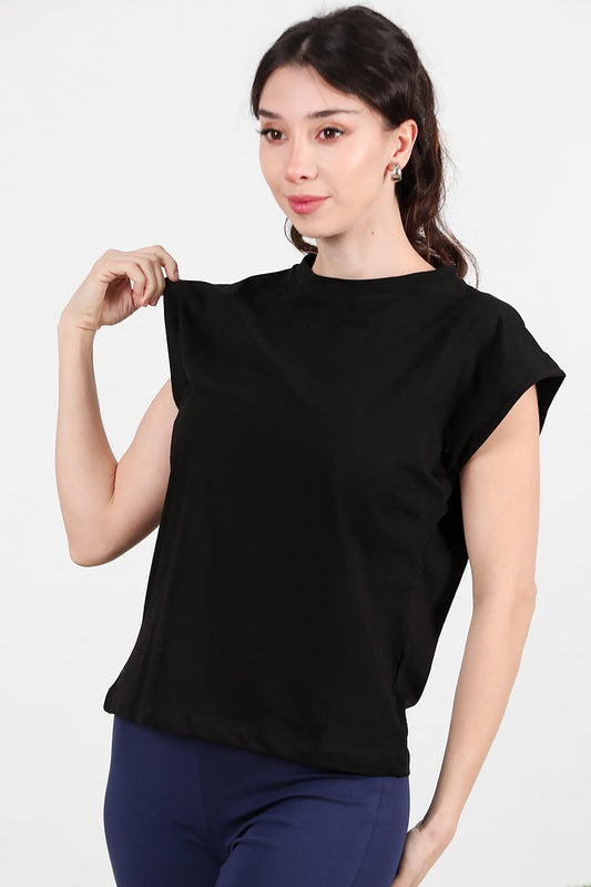 Kadın Bisiklet Yaka Oversize T-Shirt  Siyah