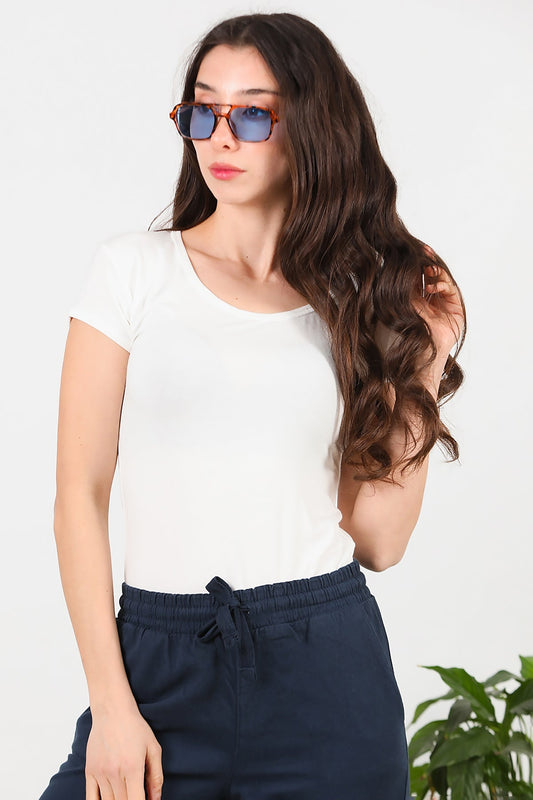 Kadın Oval Yaka T-Shırt  Ekru